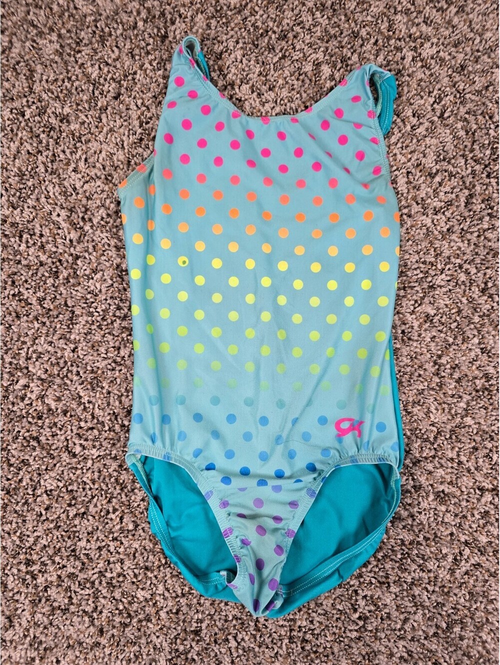 GK Gymnastics Girls Sz L Leotard Sleeveless Blue Polka Dot